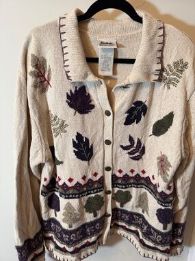 Cream Leaf-Pattern Button-Front Cardigan Sweater